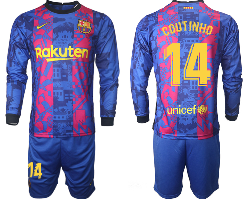 Men 2021-2022 Club Barcelona Second away blue Long Sleeve #14 Soccer Jerseys
